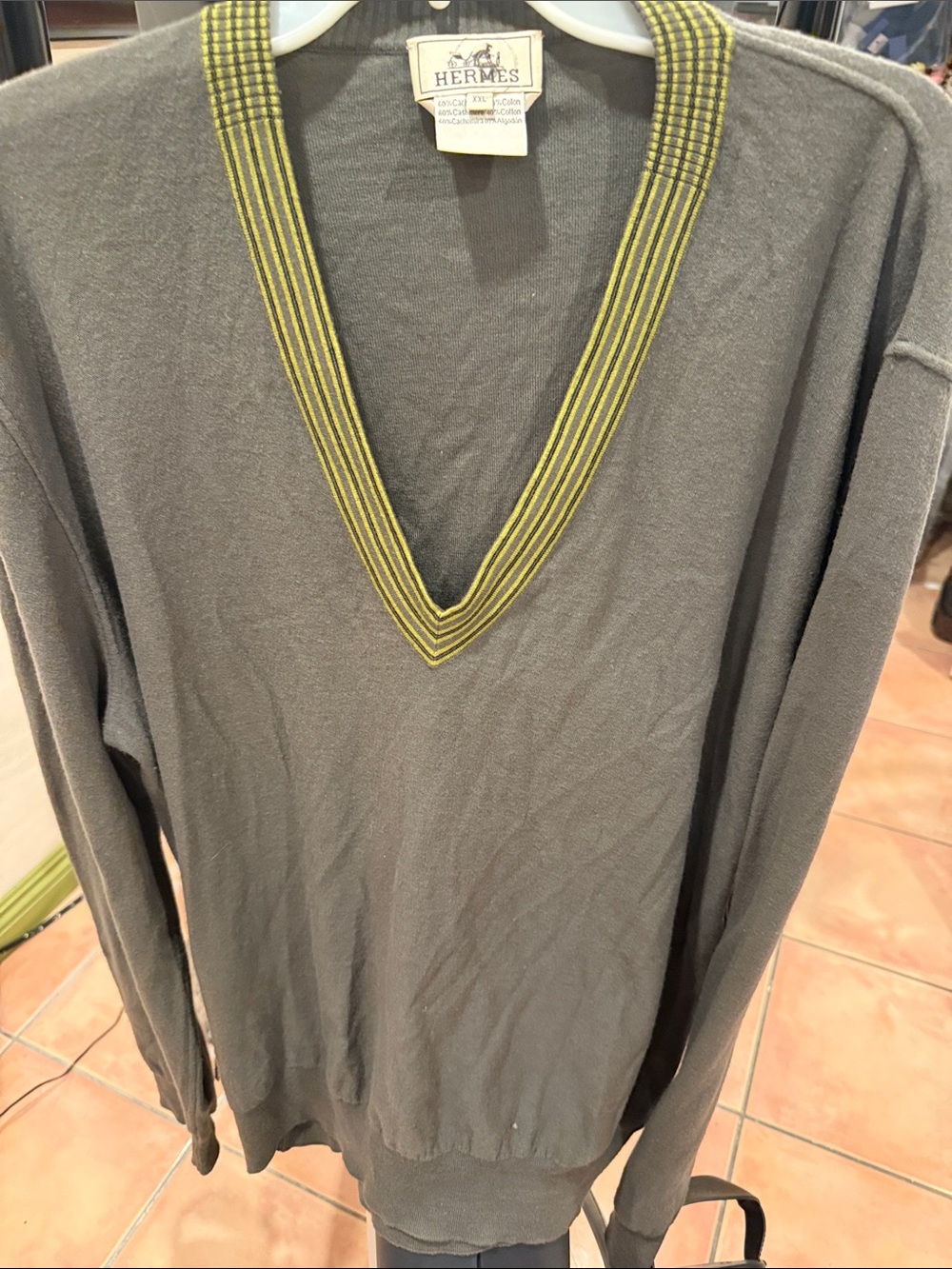 Hermes Men's Olive Green V-Neck Sweater with Yellow Trim